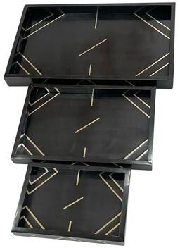 Sagebrook Home Modern Brass Inlay Rectangle Trays, Set of Three, Black Finish, Crafted with Wood and Brass, Decorative Serving