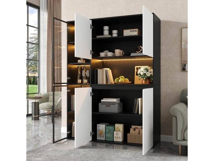 Buffet haut 120x40x160cm avec LED éléments vitrés 6 portes vitrine grand rangement salle à manger salon noir et blanc MDF