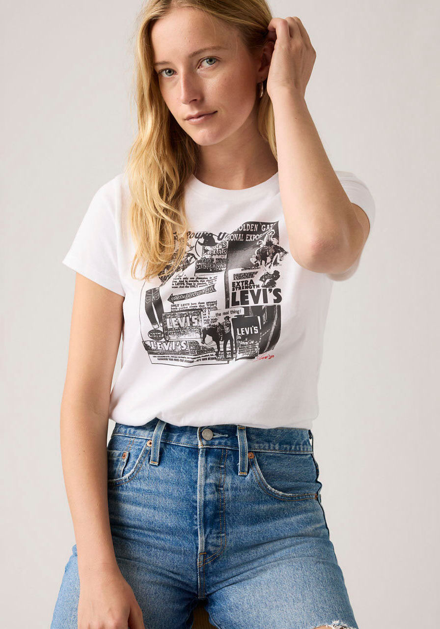 T-Shirt LEVI'S "THE PERFECT TEE", Damen, Gr. L (40), zine cowboy grid hellweiß, Jersey, Obermaterial: 100% Baumwolle, bedruckt, normal hüftlang, Rundhals, Shirts T-Shirt zine cowboy grid hellweiß L (40)