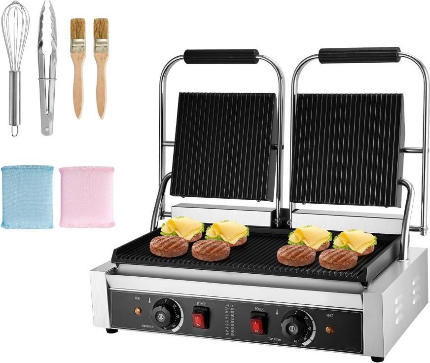 Kommerzieller Kontaktgrill 3600W - Elektro-Sandwichmaker mit Doppelbackplatten - Panini Presse aus Edelstahl - Temperaturregelung, 48 x 23 cm gerillte Emailleplatte - Ideal für Hamburger, Steak und Speck