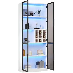 Weinschrank Mit LED Beleuchtung Glastüren Aluminiumrahmen 5 Ebenen App Steuerung Aufbewahrung Küche Wohnzimmer Weiß 80x35x200cm