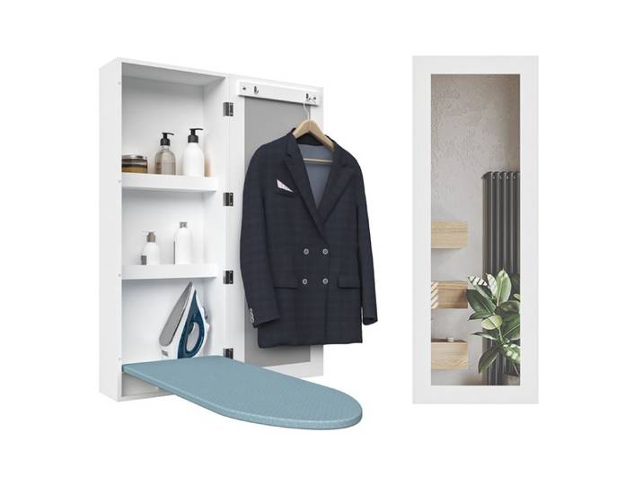 ULEVR Armoire murale de buanderie avec planche à repasser pliante miroir et rangement intégrés MDF blanc 60x15x120cm