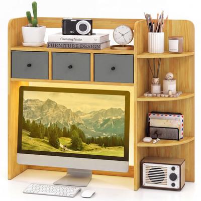 Costway Desktop Bookshelf with LED Lights 5-Tier Shelves and 3 Drawers for Home Officce-Brown