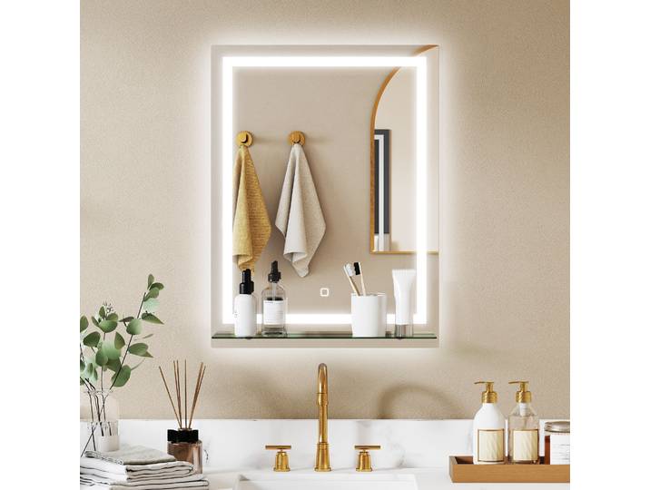 kleankin Miroir Salle de Bain 60x80cm LED Mémoire Étagère Verre