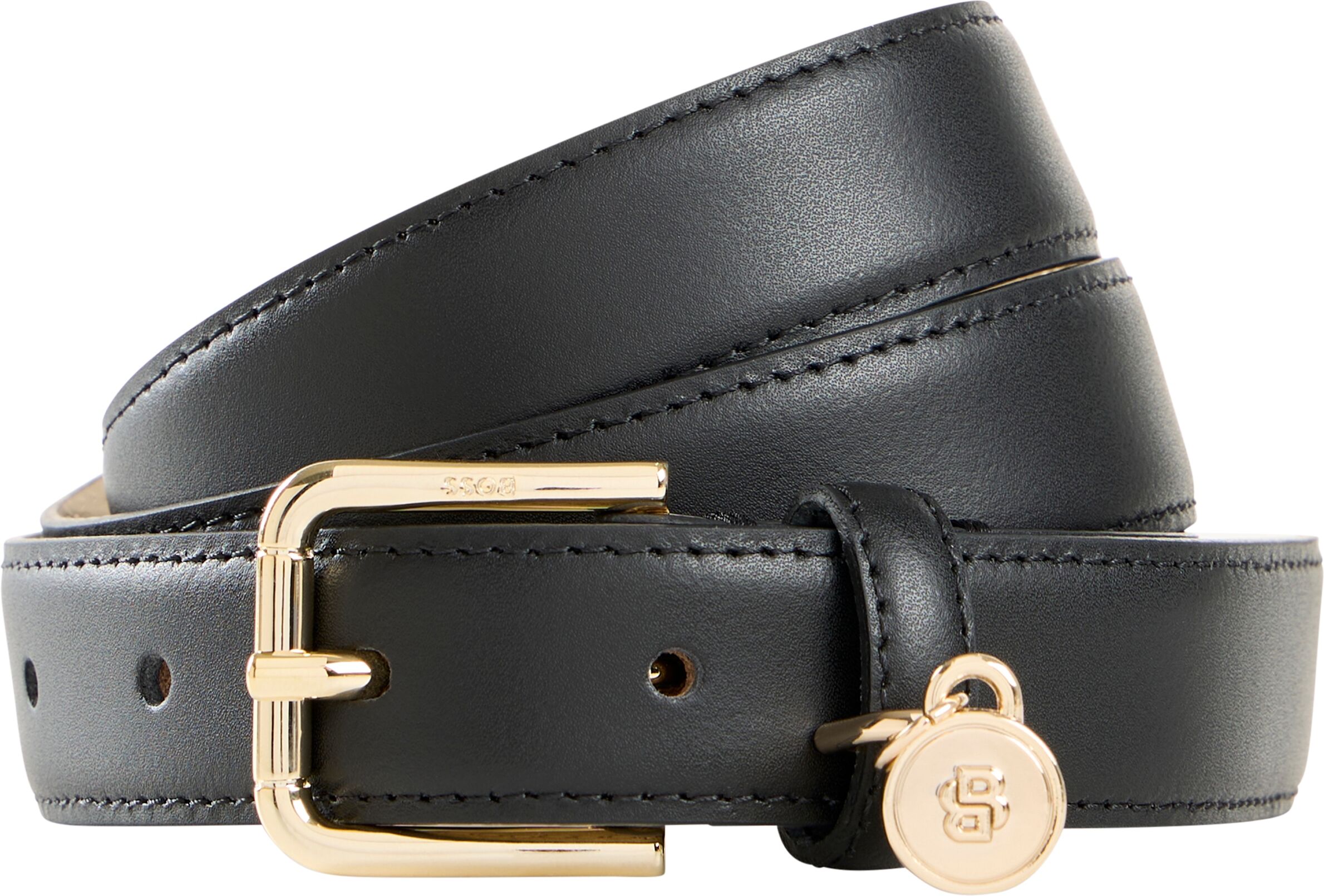 Ledergürtel BOSS "Navya-ChBey-GSt Sz25", Damen, Gr. 85, schwarz (schwarz 001), Leder, unifarben, Gürtel Ledergürtel, mit Anhänger mit Double-B-Monogramm