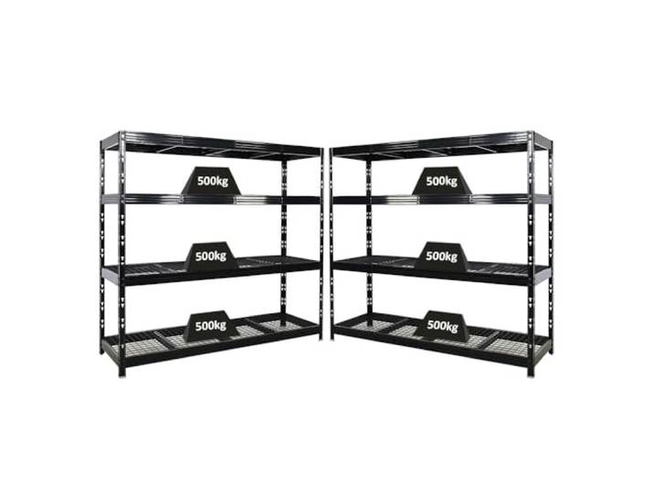 PROREGAL Mega Deal 2X Profi Schwerlastregal Rhino HxBxT 180x200x60cm 4 Gitterrost-Ebenen Fachlast 500kg Schwarz Garagenregal, Lagerregal, Steckregal, Weitspannregal