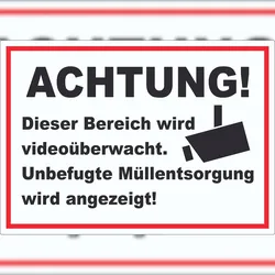 HB-Druck Achtung Videoüberwachung Unbefugte Müllentsorgung wird angezeigt Aufkleber A7 (74x105mm)