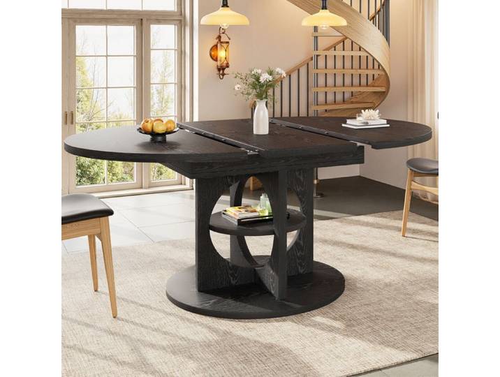MERAX Table à Manger Extensible Ronde/Ovale - 110-150 cm - avec Rangement - Noir