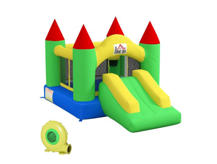 Homcom Aufblasbare Hüpfburg mit Gebläse, Outdoor Spielburg mit Rutsche, Trampolin, Mehrfarbig, Kunststoff, 180x160x300 cm, Freizeit & Co, Gartenspielzeug, Hüpfburgen & Trampoline