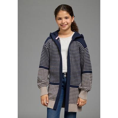 Longstrickjacke KANGAROOS "Long-Strickjacke mit modischen Ringelmuster von KangaROOS", Mädchen, Gr. 128/134, blau (marine), Strick, Obermaterial: 50% Baumwolle, 50% Polyacryl, meliert, lässig geschnitten ca. Mitte Oberschenkel, Rippstrickbündchen,...
