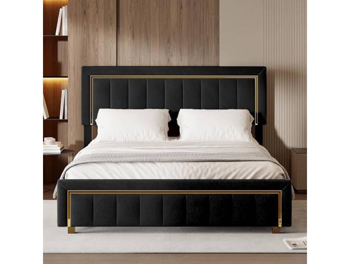 Xanthyl Bett mit Stauraum, 160 x 200 cm, mit hydraulischer Aufbewahrung, Bett und Bettkasten für Erwachsene, Samt, schwarz, goldfarbene Verarbeitung, ohne Matratze