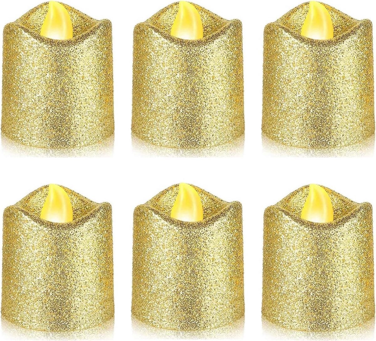 Set van 6 vlamloze LED theelichtkaarsen met gouden glitterafwerking