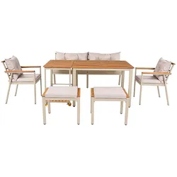 MODFU Garten-Essgruppe aus Akazienholz und Metall in Natur/Beige, 6-7-Sitzer mit Servierwagen, wetterbeständig