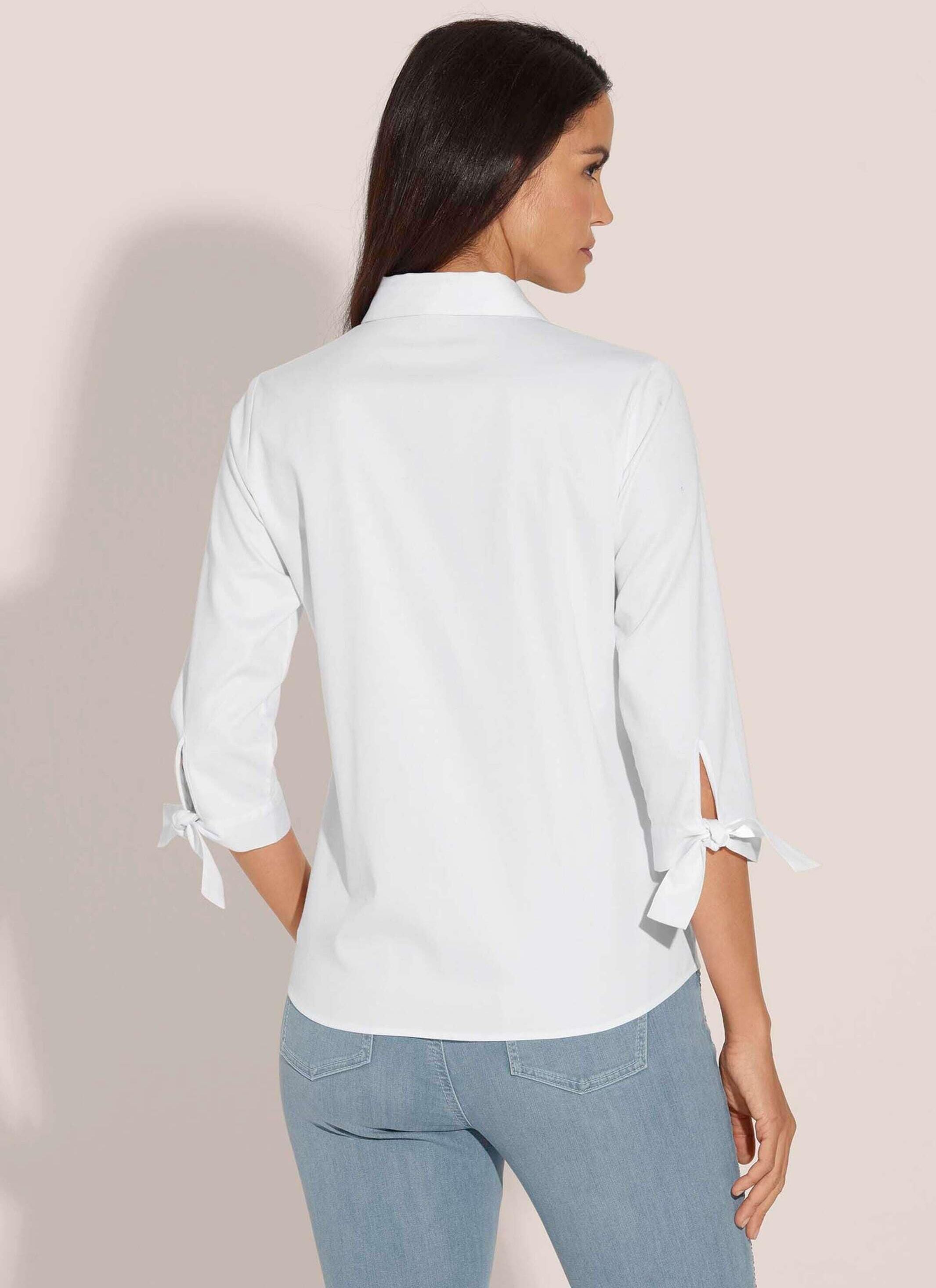 Hemdbluse MADELEINE "Hemdbluse Elegantes Blusenshirt mit Schleifenärmeln", Damen, Gr. 36, weiß, Obermaterial: 98% Baumwolle CO. 2% Elasthan EL., Modern, normal, Blusen Hemdbluse