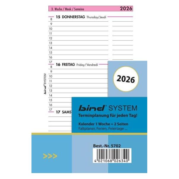 Bind Kalendereinlage 2026 Mini (7,9 x 12,5 cm) (A7, 1 Woche / 2 Seiten) (B570226)