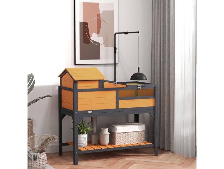 PawHut Maison Tortue Bois 2 Étages Enclos avec Étagère et Lampe