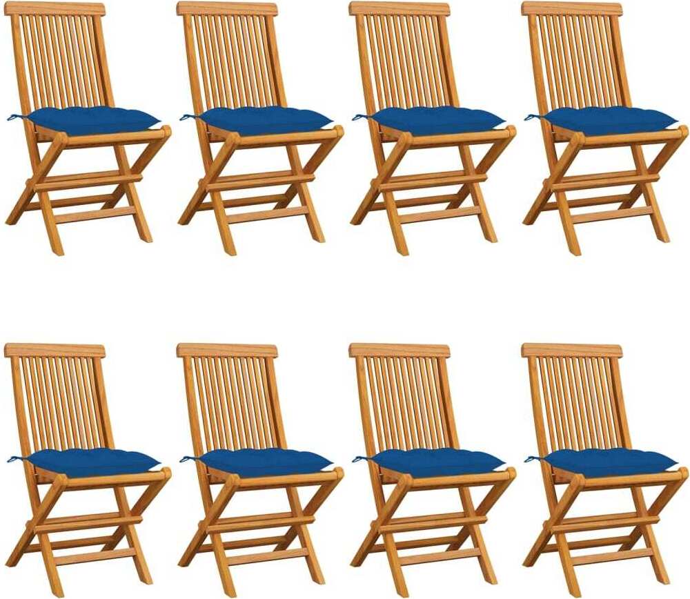 Gartenstühle mit Blauen Kissen 8 Stk. Massivholz Teak