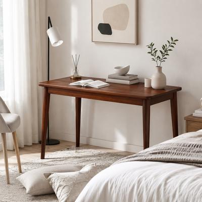 Fundinbaths "55.1"" Solid Rubberwood Computer Desk, Mid-Century Modern Walnut Writing Study Table"