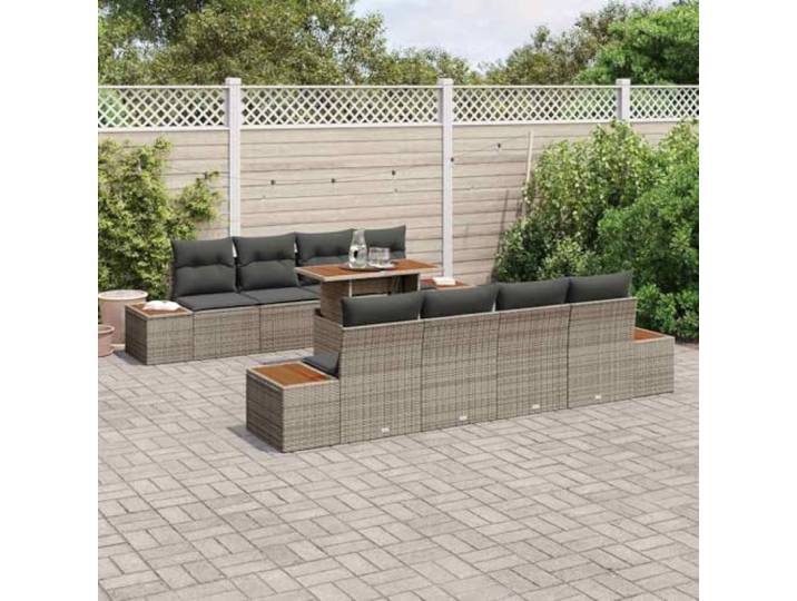 KTHLBRH Gartenmöbel-Set, 9-teilig, Grau und Braun Eckregal aus Polyrattan und Akazienholz für Terrasse und Garten