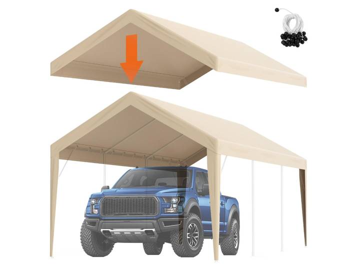 Tente de garage Carport VEVOR\, 3 x 6 m\, tente de garage\, étanche à l'eau et protégée contre les UV\, installation facile avec des sangles\, beige (couverture de toit uniquement\, cadre non fourni)