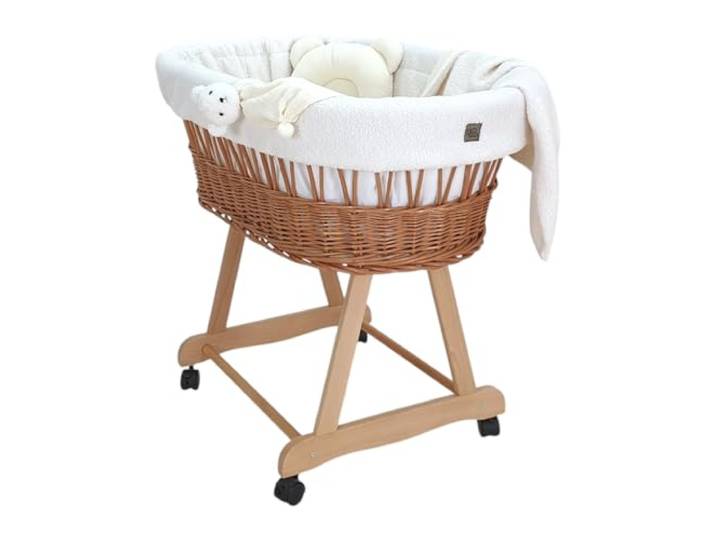 Wiklinopol Stubenwagen Amelia – Handgeflochtener Moseskorb Natur mit Gestell & Matratze – 5-teiliges Teddy-Bettset Ecru – Tragbarer Babykorb mit Rollen – Ideal für Neugeborene