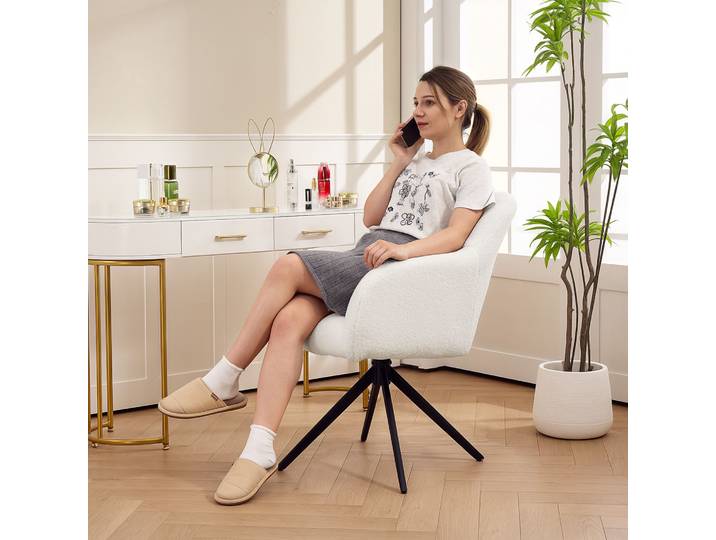 HOMCOM Fauteuil Pivotant Tissu Teddy Blanc Piètement Acier