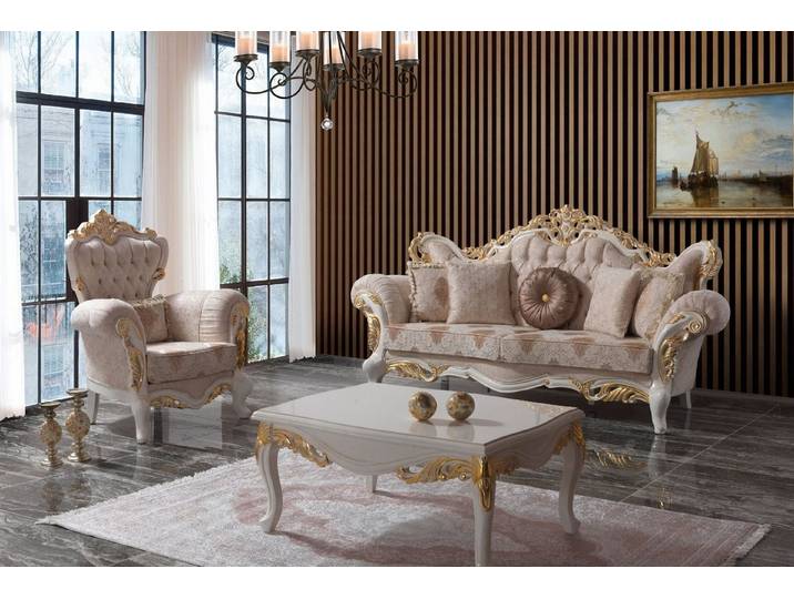 JVmoebel Sofa Beige Polstergarnitur aus Holz und Textil für elegantes Wohnen, Set 2 Teile, Made in Europa