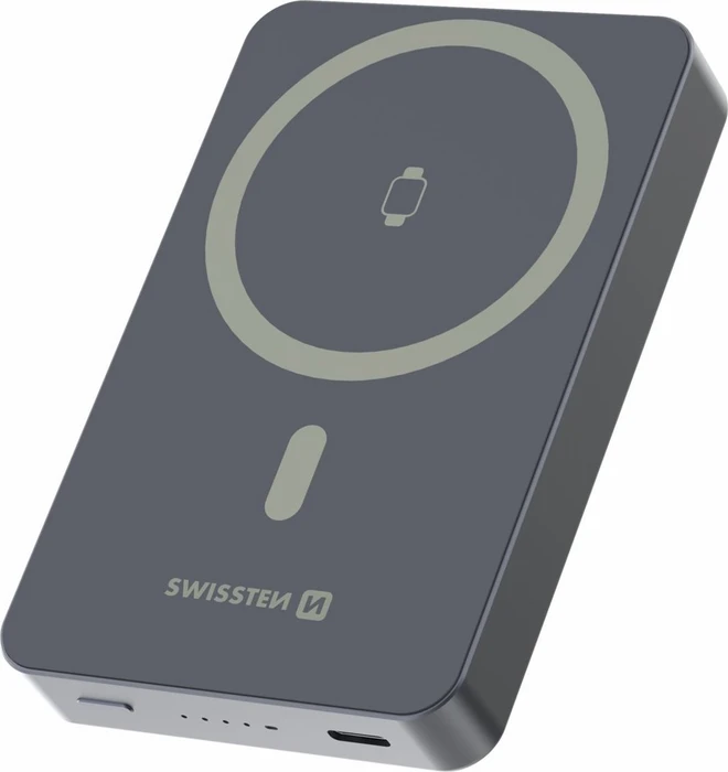 Swissten Power Bank Fusion 10.000mAh mit Apple Watch Ladefunktion (MagSafe kompatibel) Silber