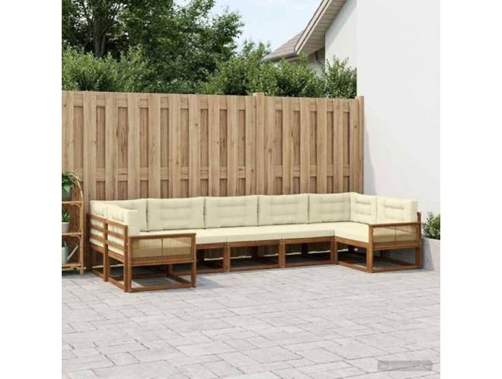 HFMDRMU Akazienholz Sofa-Set Gartenmöbel 7-teilig mit Kissen Natur und Creme, Sitzgruppe Terrasse Balkon, Outdoor-Lounge Couch mit Lattenrahmen, modernes Design für Garten und Pool
