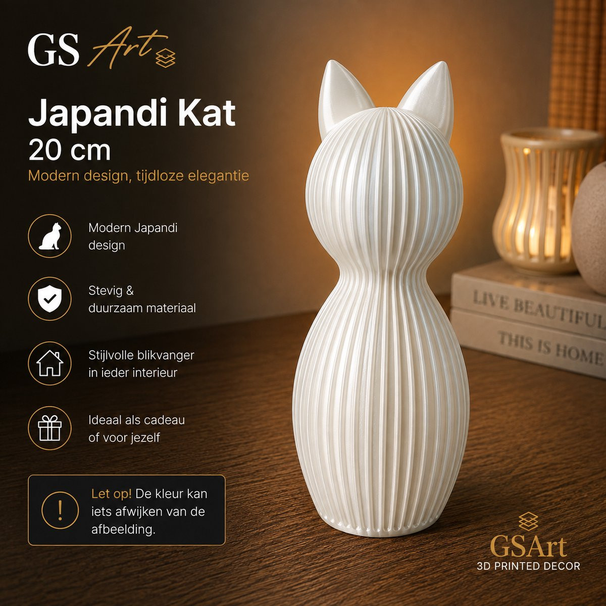 GSArt Japandi Kat Modern 3D Geprint Decoratiebeeld - Zijde Wit - 20 cm