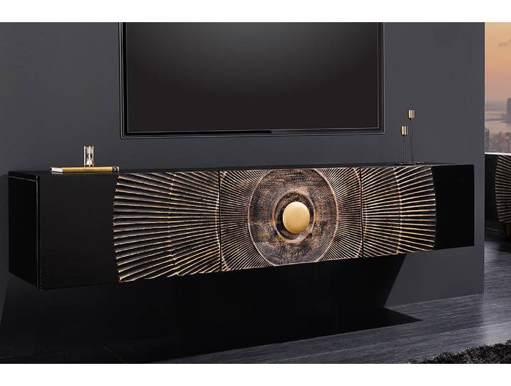 Hängendes TV-Lowboard GOLDEN SUNSET 160cm Mangoholz schwarz mit 3D Schnitzereien gold handmade Asiatisch Glamour Industrie & Loft Modern