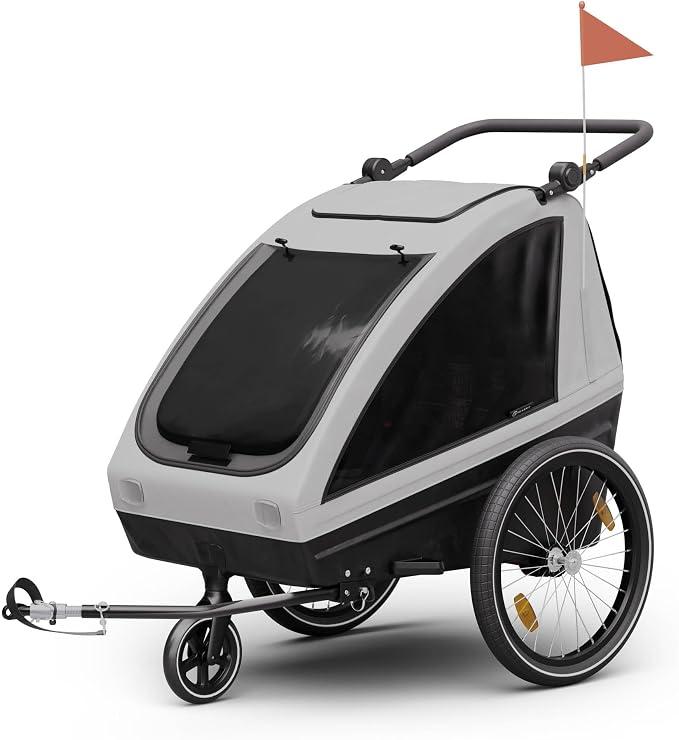 GoKiddo Fahrradanhänger 2 Kinder - 2-in-1 Fahrradanhänger & Buggy mit Bremsen, Sicherheitsgurten, Verstellbaren Sitzen, 40kg Kapazität, Regen- & UV-Schutz, Zusammenklappbar, Hellgrau