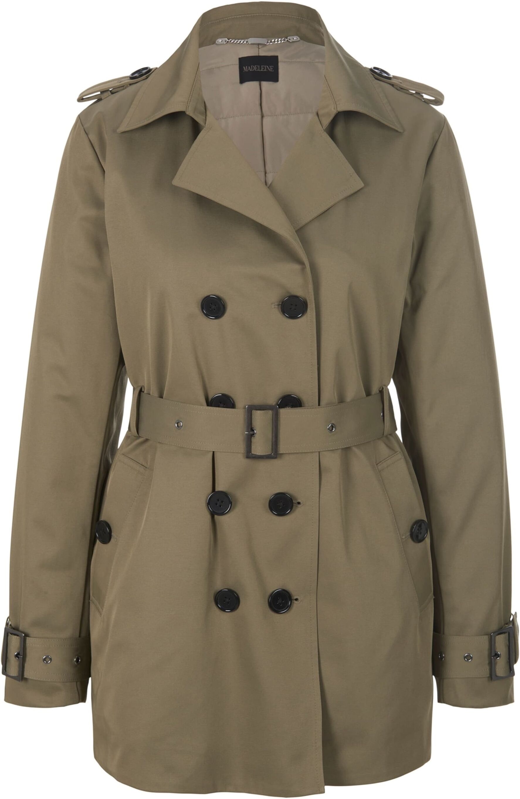 Trenchcoat MADELEINE "Trenchjacke Zweireihige Trench-Jacke mit Steppfutter", Damen, Gr. 46, grün (steingrün), Obermaterial: 65% Baumwolle CO. 35% Polyester PES., Modern, Mäntel Trenchcoat
