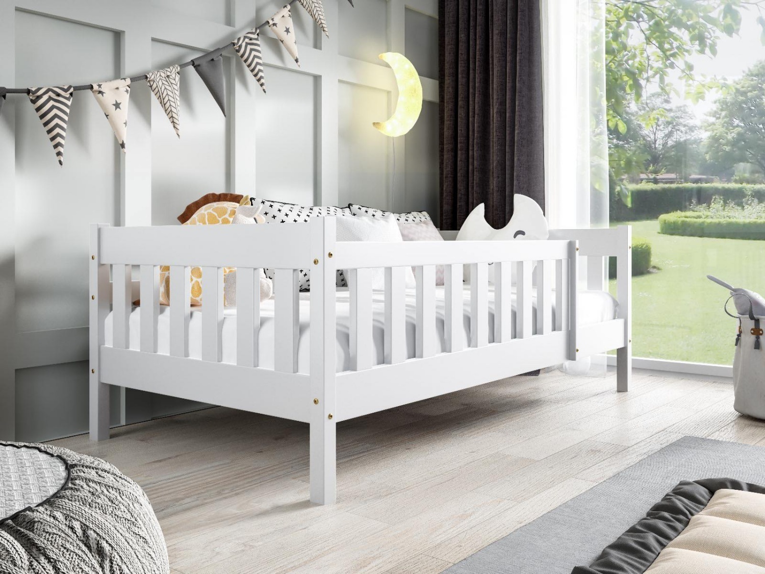 MTJMöbel Kinderbett POLA 190x80cm mit Matratze, Hausbett mit Sicherheitsgeländer, Weiß Holz