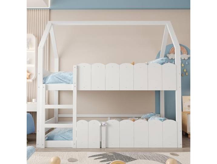 Bellemave Kinder-Etagenbett 90x200, hausförmiges Design, Holz mit Leiter, erhöhten Sicherheitsgeländern, Lattenrost inklusive, 2 Pakete Lieferung