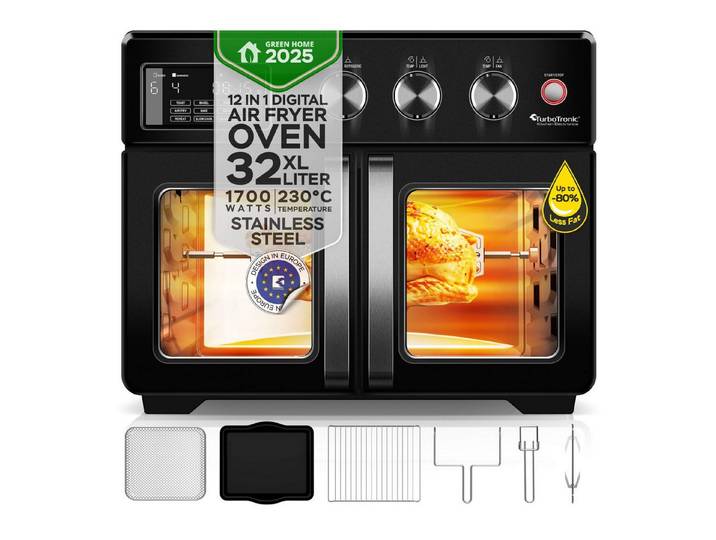 TurboTronic by Z-Line Minibackofen 1700 W, 32 l Mini Backofen mit Airfryer, Umluft, Drehspieß, Pizzaofen, Tischbackofen, kleiner Backofen, Heißluftfritteuse, Toaster, Dörrer