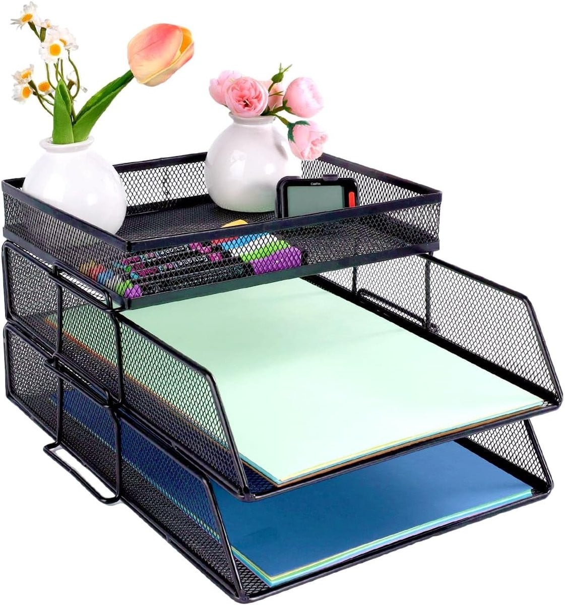 Stapelenbare 2-laagse Mesh Organiser voor Bureau, Documenthouder en Stationery Organizer voor Kantoor, School en Thuis - Zwart
