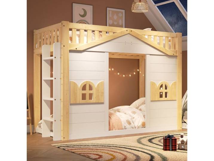 Lit mezzanine enfant cabane 90 x 200 cm QAVRYL échelle réversible sommier inclus blanc et naturel