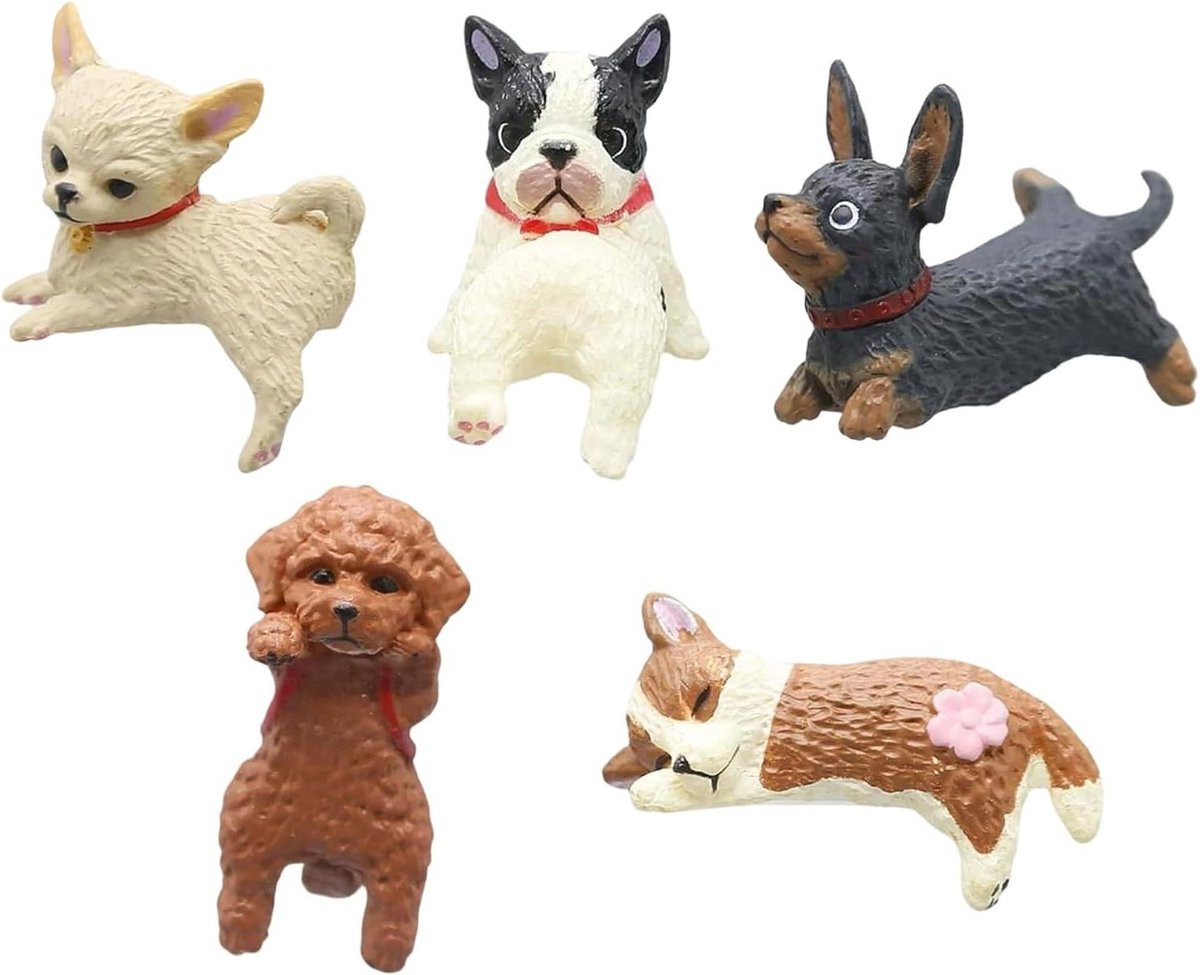 Set van 5 verkleuringsbestendige hond figuurtjes voor decoratie op je bureau of tafel