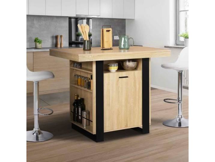 IDMARKET Ilot central PHOENIX 110 cm bois et noir avec rangements