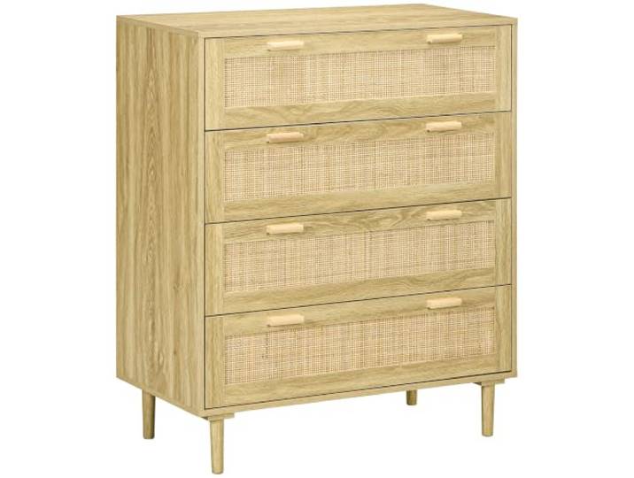 HOMCOM Kommode Zimmer 4 Schubladen Aufbewahrungsmöbel mit Front Rattan Weben Bohemian Style Abm. 90B x 45T x 108,5H cm Helles Holz Aussehen
