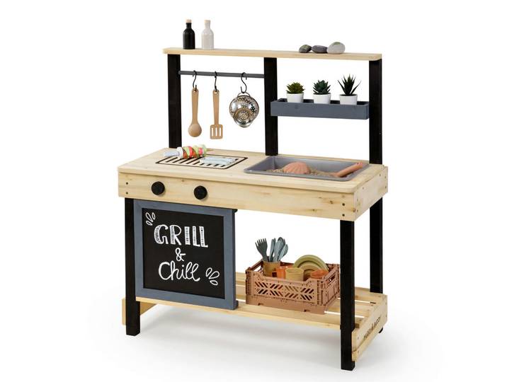 Muddy Buddy Matschküche Grill \u0026 Chill, Natur, Schwarz, Holz, Kunststoff, Zypresse, massiv, 40x90x80 cm, EN 71, Spielzeug, Kinderspielzeug, Kinderküchen