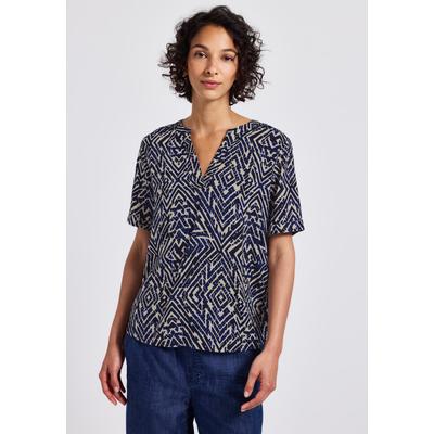 Kurzarmbluse STREET ONE, Damen, Gr. 34, blau (tiefblau), Stoff, 100% Viskose, gemustert, klassisch normal, Rundhals, Bündchen, Blusen, mit grafischem Muster