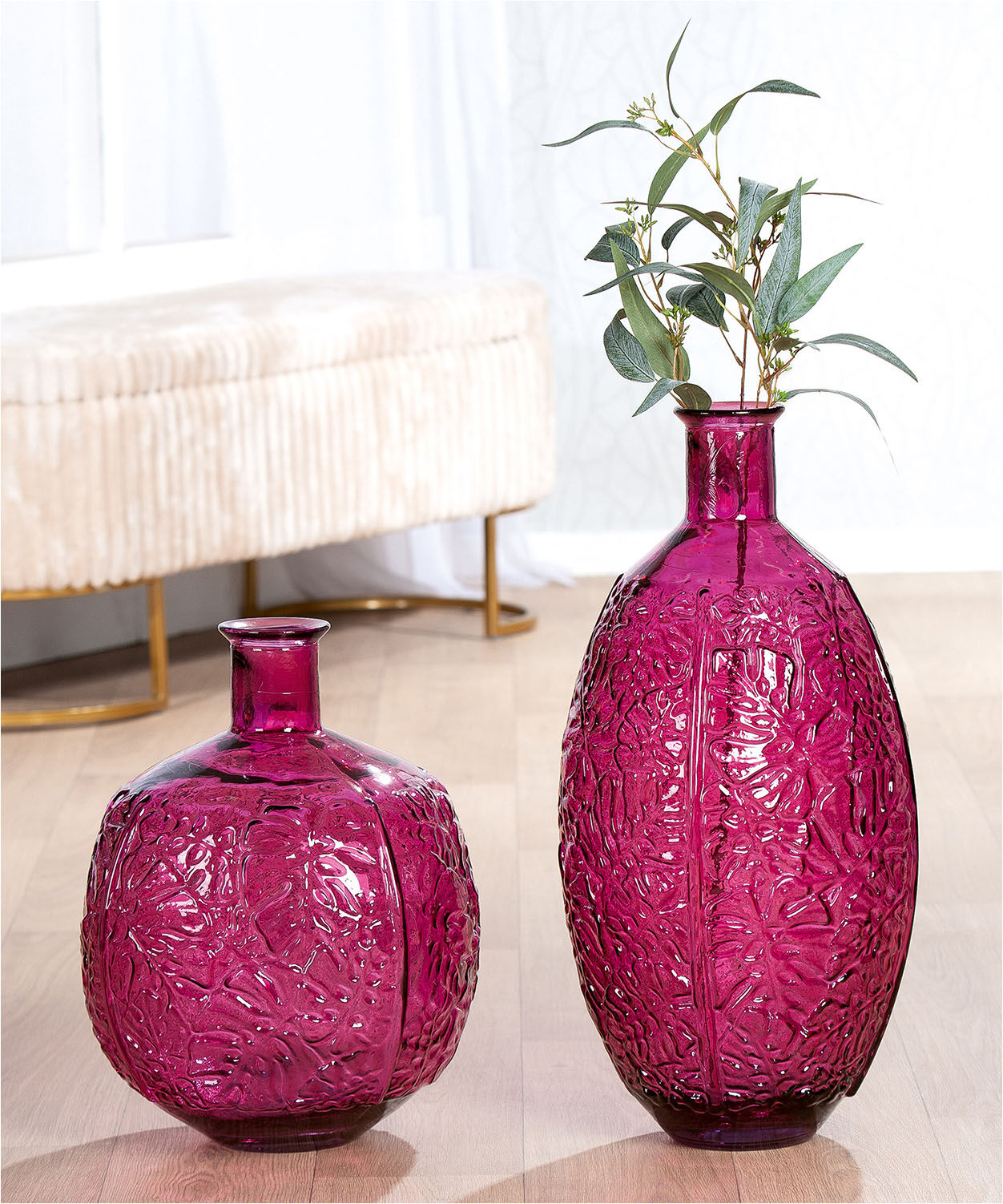 Bodenvase GILDE "Bodenvase rund Dschungel", pink (magenta), B:29cm H:59cm T:29cm Ø:29cm, Glas, Vasen, Bodenvase magenta B/H/T: 29cm x 59cm x 29cm Ø 29cm