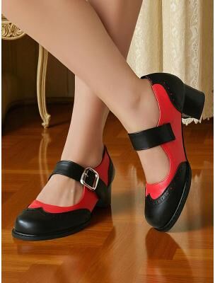 LightInthebox Women's Red and Black Mary Jane Brogue Flats – Faux Leather Retro School Shoes with Adjustable Buckle for 1960s-Inspired Outfits, Costumes, and Daily Wear