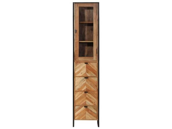 KTHLBRH Badezimmerschrank 40 x 30 x 190 cm Eisen und Massivholz Akazie Hoches, schmales Regal, kippsicher mit Wandbefestigung, Metallgriff, Montage erforderlich