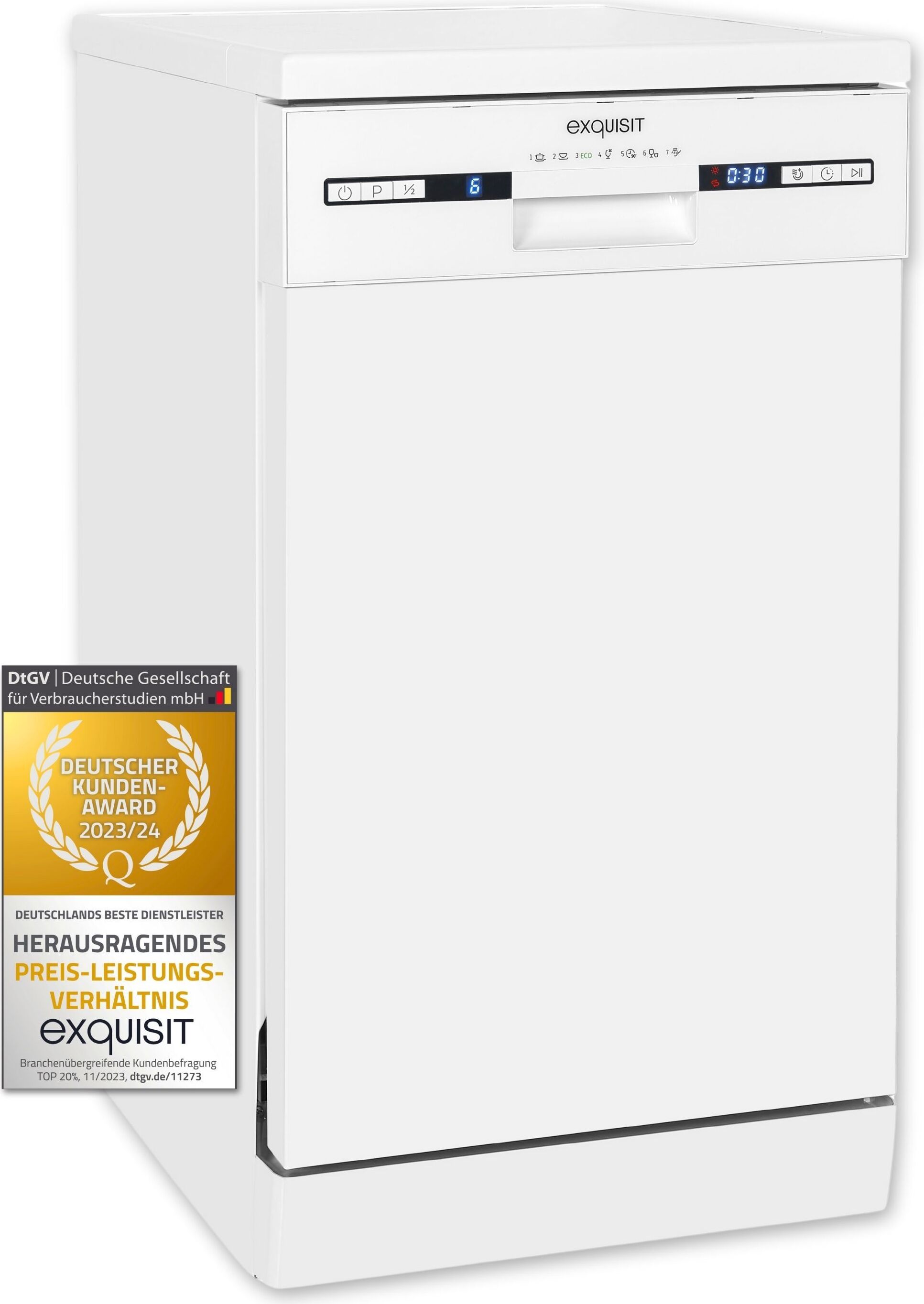 Exquisit Geschirrspüler GSP9309-030E weiss | Spülmaschine 45 cm | ECO-Modus | Maßgedecke: 9 | Standgerät