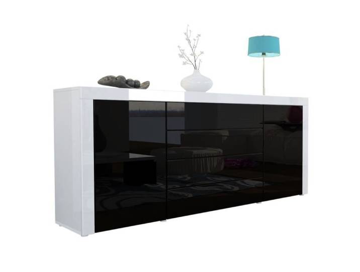 Vladon Buffet commode La Paz en Blanc haute brillance - Noir haute brillance - Blanc haute brillance