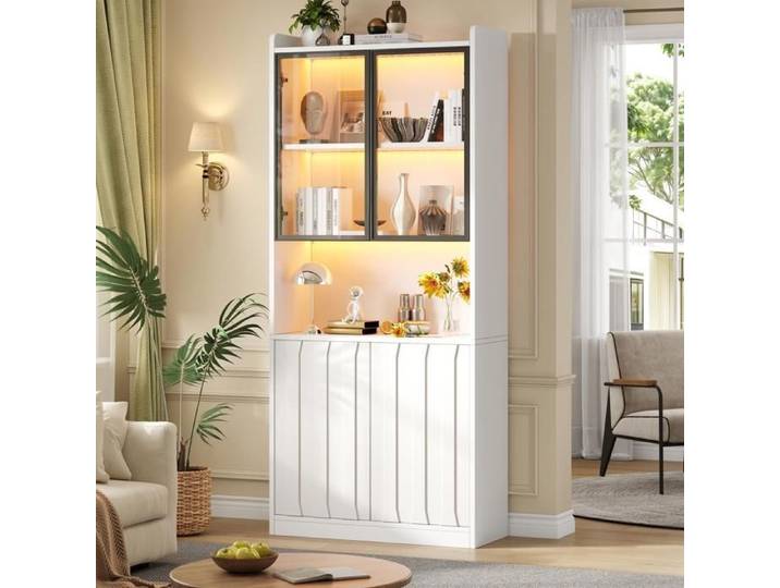 Vitrine d'Exposition - 80x35x200cm - Bibliothèque de Salon avec LED 2 Portes en Verre et Niche Ouverte - Blanc