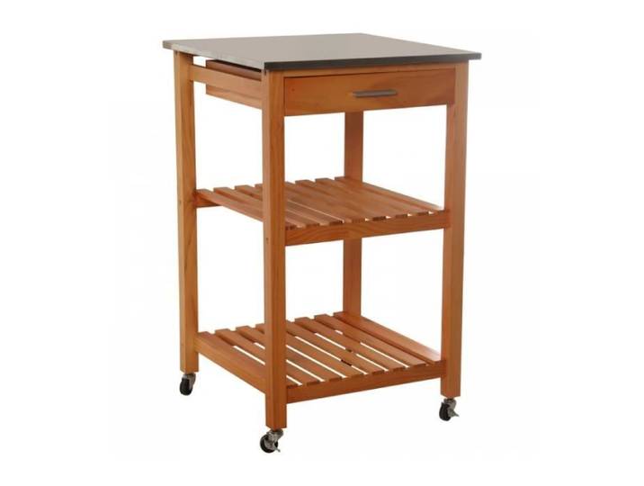 Desserte de Cuisine sur Roulettes en Bois Plateau Inox 1 Tiroir + 2 Étagères